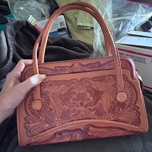 Vintage Tooled Leather Handbag from Mexico Excellent condition On SALE in July!
